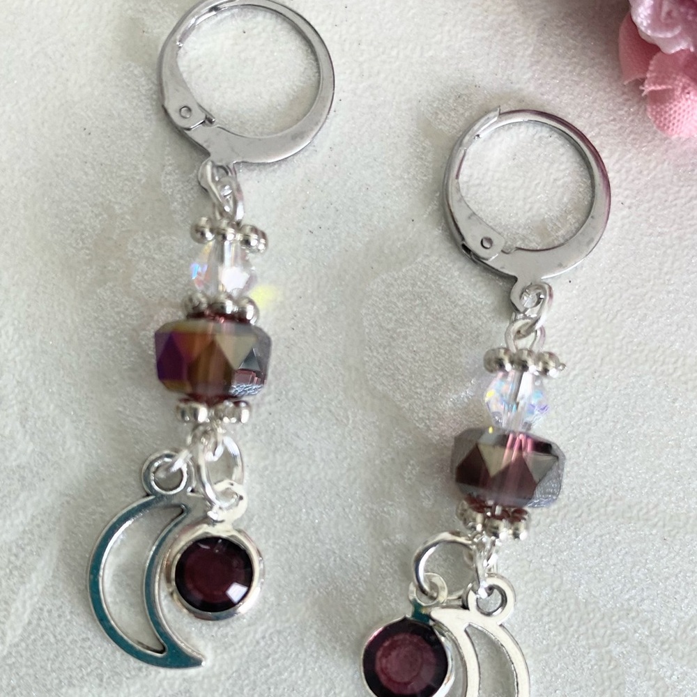 Silver Moon Drop Earrings with Deep Plum Crystals - Picture 2 of 3